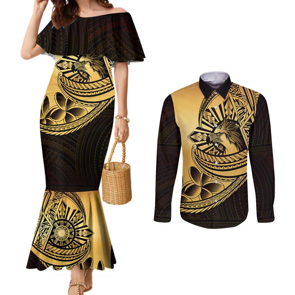 Philippines Eagle Sun Couples Matching Mermaid Dress and Long Sleeve Button Shirt Filipino Agila Polynesian Tattoo Gold Color LT14 Gold - Polynesian Pride