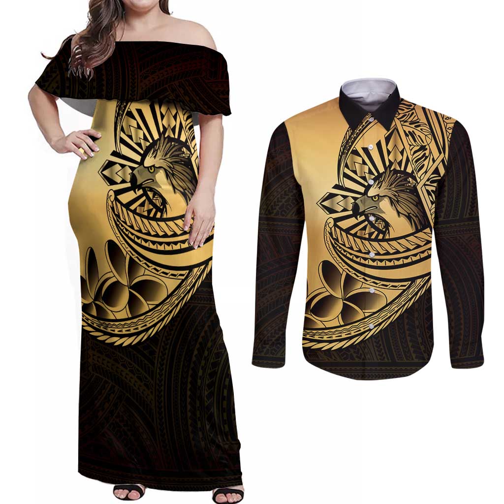 Philippines Eagle Sun Couples Matching Off Shoulder Maxi Dress and Long Sleeve Button Shirt Filipino Agila Polynesian Tattoo Gold Color LT14 Gold - Polynesian Pride