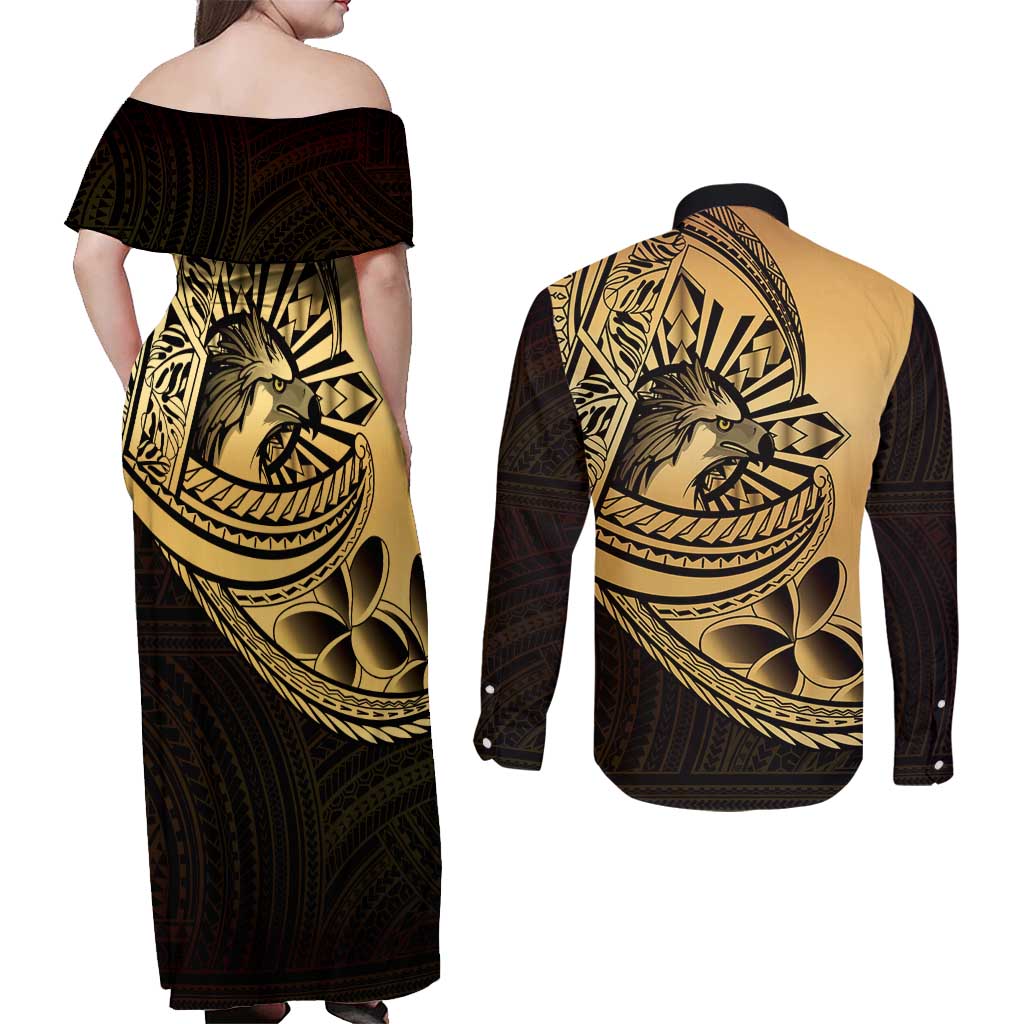 Philippines Eagle Sun Couples Matching Off Shoulder Maxi Dress and Long Sleeve Button Shirt Filipino Agila Polynesian Tattoo Gold Color LT14 - Polynesian Pride