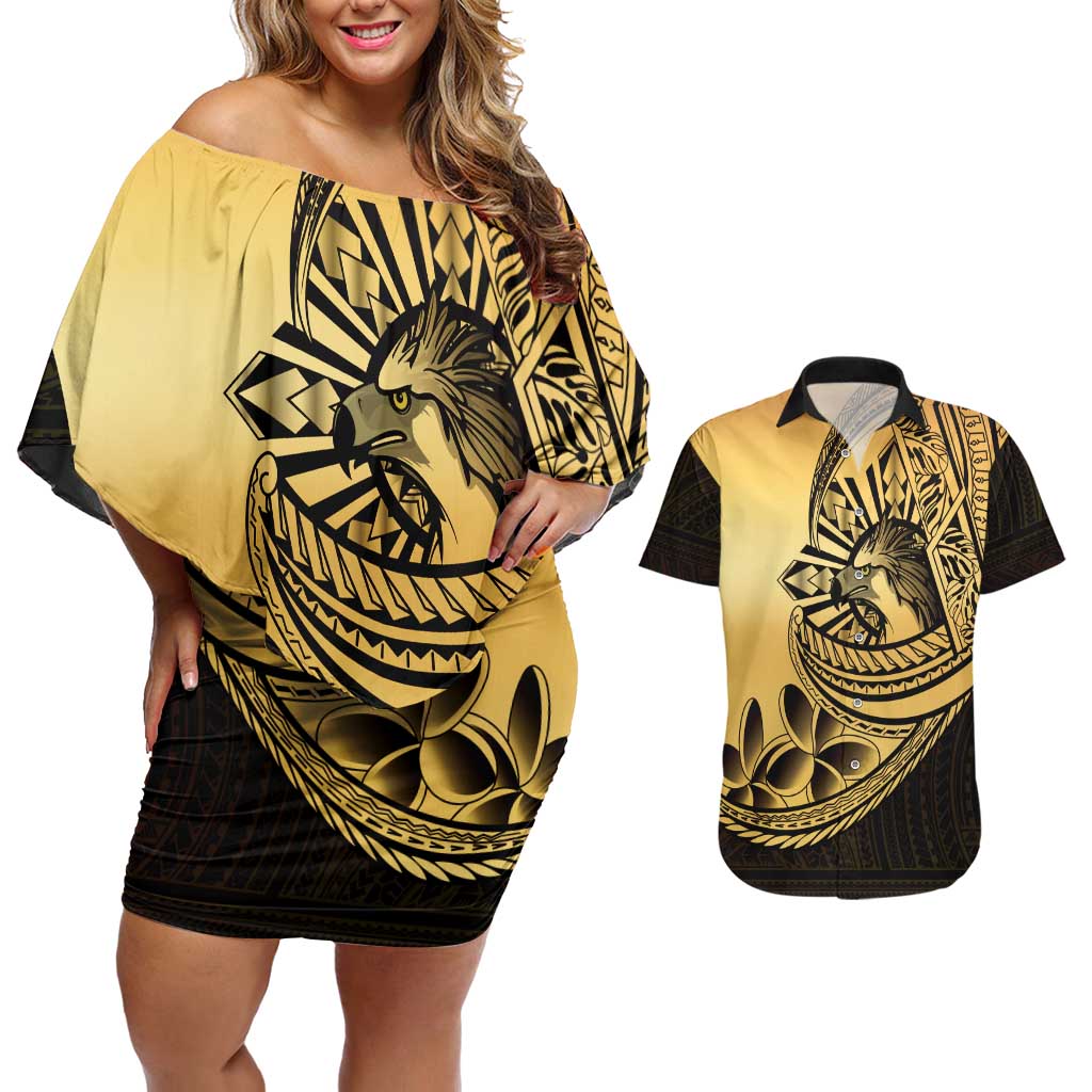 Philippines Eagle Sun Couples Matching Off Shoulder Short Dress and Hawaiian Shirt Filipino Agila Polynesian Tattoo Gold Color LT14 Gold - Polynesian Pride