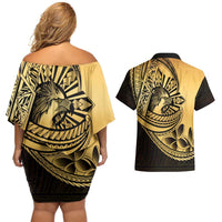 Philippines Eagle Sun Couples Matching Off Shoulder Short Dress and Hawaiian Shirt Filipino Agila Polynesian Tattoo Gold Color LT14 - Polynesian Pride