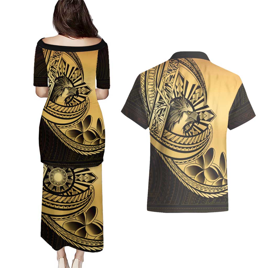 Philippines Eagle Sun Couples Matching Puletasi and Hawaiian Shirt Filipino Agila Polynesian Tattoo Gold Color LT14 - Polynesian Pride