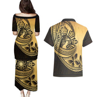 Philippines Eagle Sun Couples Matching Puletasi and Hawaiian Shirt Filipino Agila Polynesian Tattoo Gold Color LT14 - Polynesian Pride