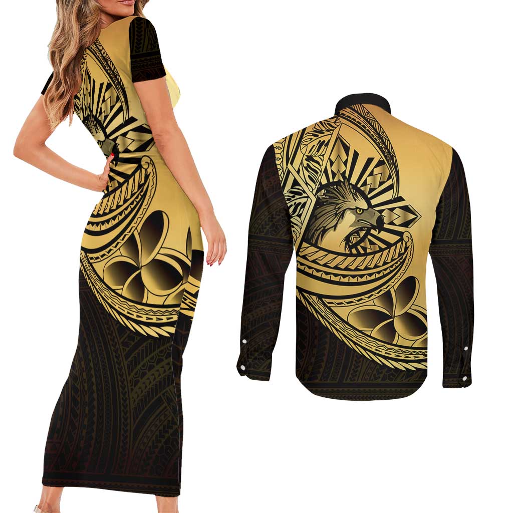 Philippines Eagle Sun Couples Matching Short Sleeve Bodycon Dress and Long Sleeve Button Shirt Filipino Agila Polynesian Tattoo Gold Color LT14 - Polynesian Pride