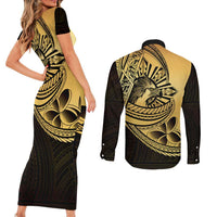 Philippines Eagle Sun Couples Matching Short Sleeve Bodycon Dress and Long Sleeve Button Shirt Filipino Agila Polynesian Tattoo Gold Color LT14 - Polynesian Pride