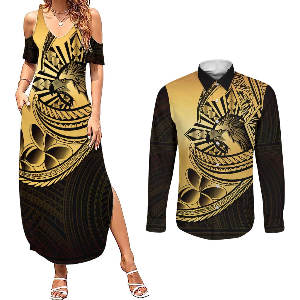 Philippines Eagle Sun Couples Matching Summer Maxi Dress and Long Sleeve Button Shirt Filipino Agila Polynesian Tattoo Gold Color