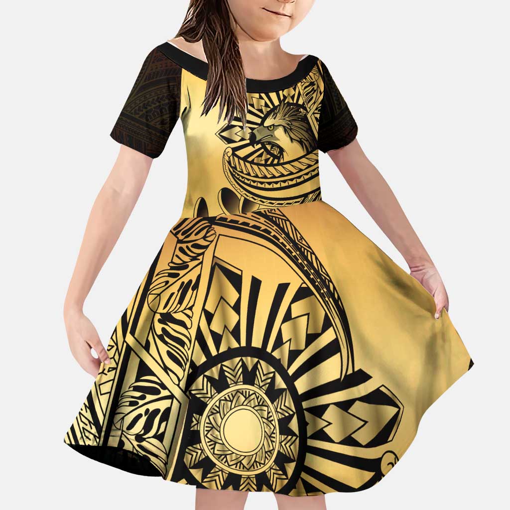 Philippines Eagle Sun Family Matching Off Shoulder Maxi Dress and Hawaiian Shirt Filipino Agila Polynesian Tattoo Gold Color LT14 Daughter's Dress Gold - Polynesian Pride