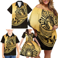 Philippines Eagle Sun Family Matching Off Shoulder Short Dress and Hawaiian Shirt Filipino Agila Polynesian Tattoo Gold Color LT14 - Polynesian Pride
