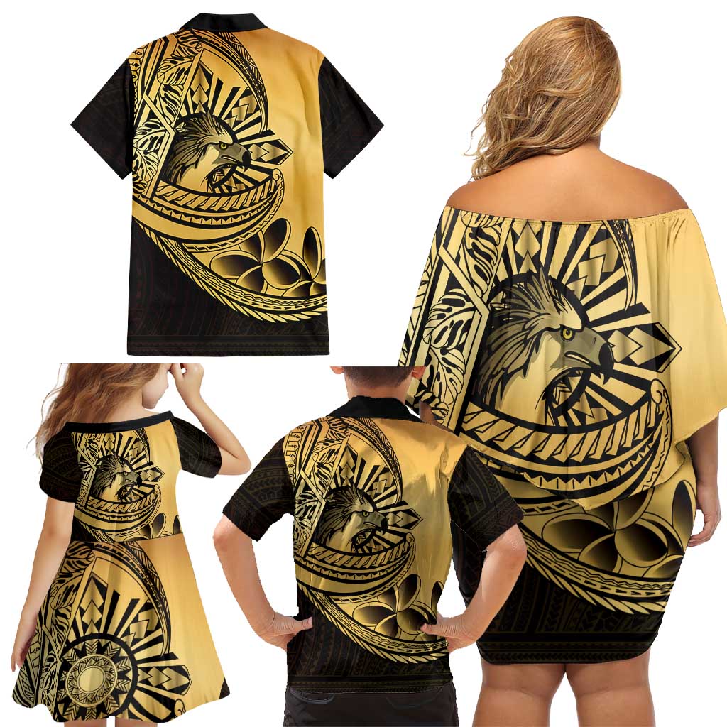 Philippines Eagle Sun Family Matching Off Shoulder Short Dress and Hawaiian Shirt Filipino Agila Polynesian Tattoo Gold Color LT14 - Polynesian Pride