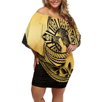Philippines Eagle Sun Family Matching Off Shoulder Short Dress and Hawaiian Shirt Filipino Agila Polynesian Tattoo Gold Color LT14 Mom's Dress Gold - Polynesian Pride