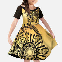 Philippines Eagle Sun Family Matching Summer Maxi Dress and Hawaiian Shirt Filipino Agila Polynesian Tattoo Gold Color LT14 Daughter's Dress Gold - Polynesian Pride