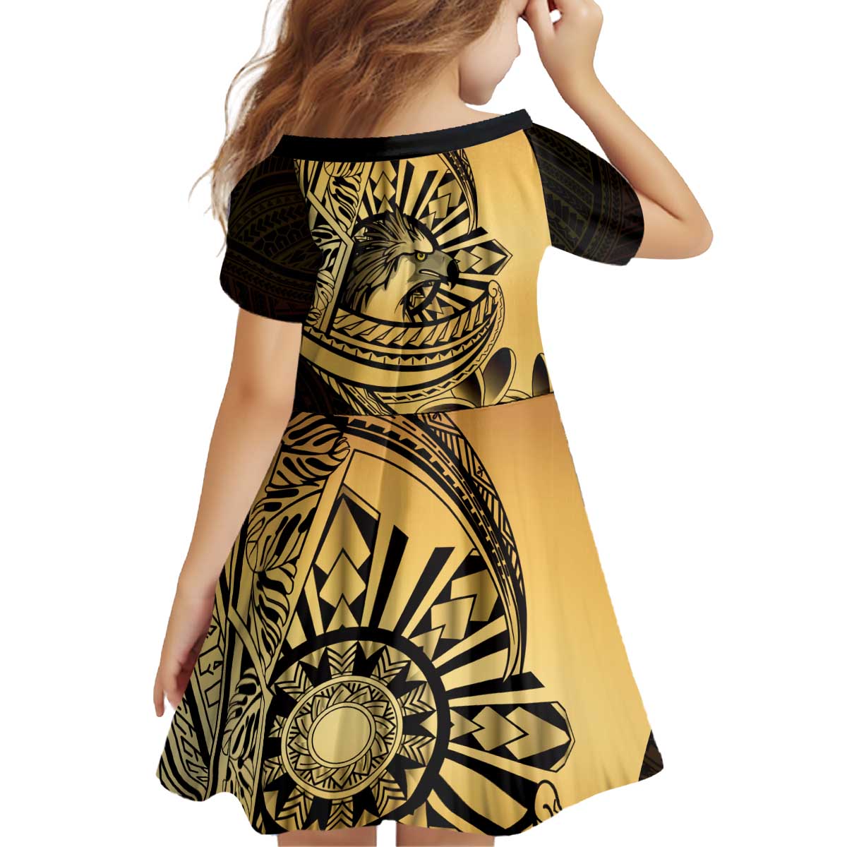 Philippines Eagle Sun Kid Short Sleeve Dress Filipino Agila Polynesian Tattoo Gold Color
