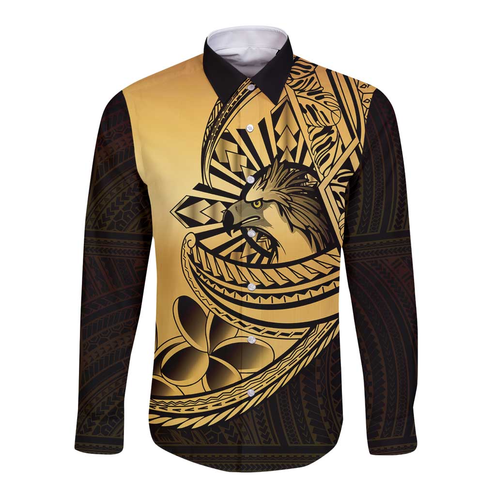 Philippines Eagle Sun Long Sleeve Button Shirt Filipino Agila Polynesian Tattoo Gold Color