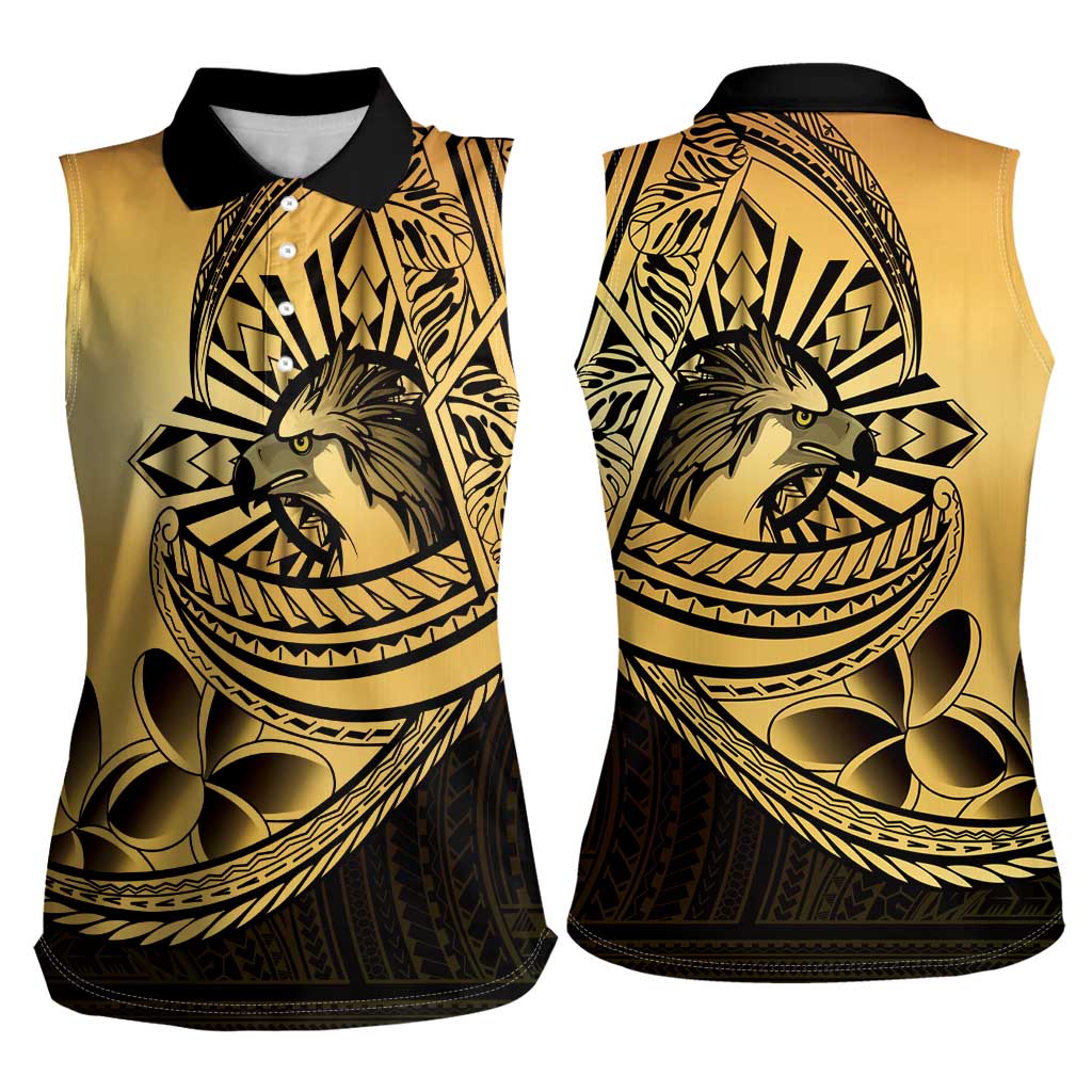 Philippines Eagle Sun Women Sleeveless Polo Shirt Filipino Agila Polynesian Tattoo Gold Color LT14 - Polynesian Pride