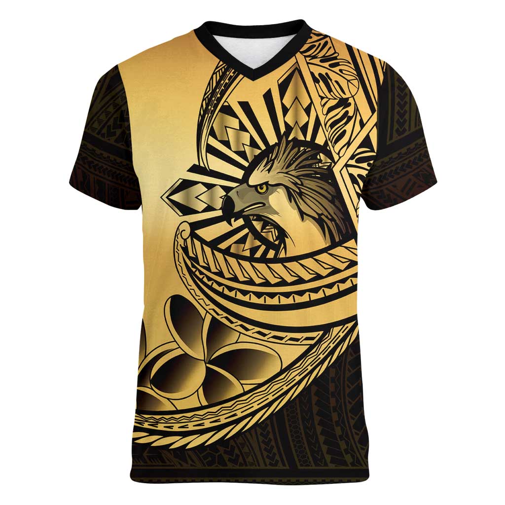 Philippines Eagle Sun Women V-Neck T-Shirt Filipino Agila Polynesian Tattoo Gold Color LT14 Female Gold - Polynesian Pride