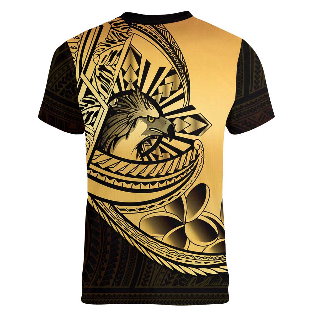 Philippines Eagle Sun Women V-Neck T-Shirt Filipino Agila Polynesian Tattoo Gold Color LT14 - Polynesian Pride