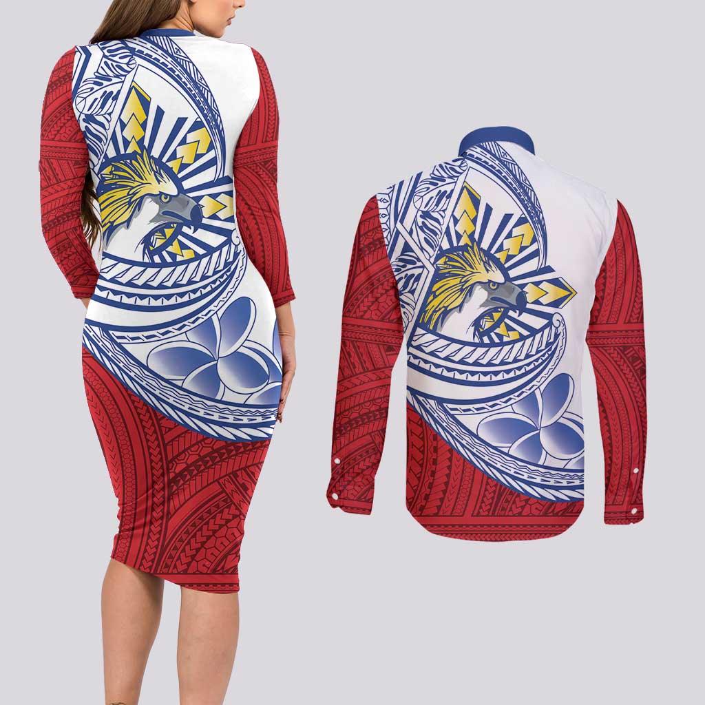 Philippines Eagle Sun Couples Matching Long Sleeve Bodycon Dress and Long Sleeve Button Shirt Filipino Agila Polynesian Tattoo Flag Color LT14 - Polynesian Pride