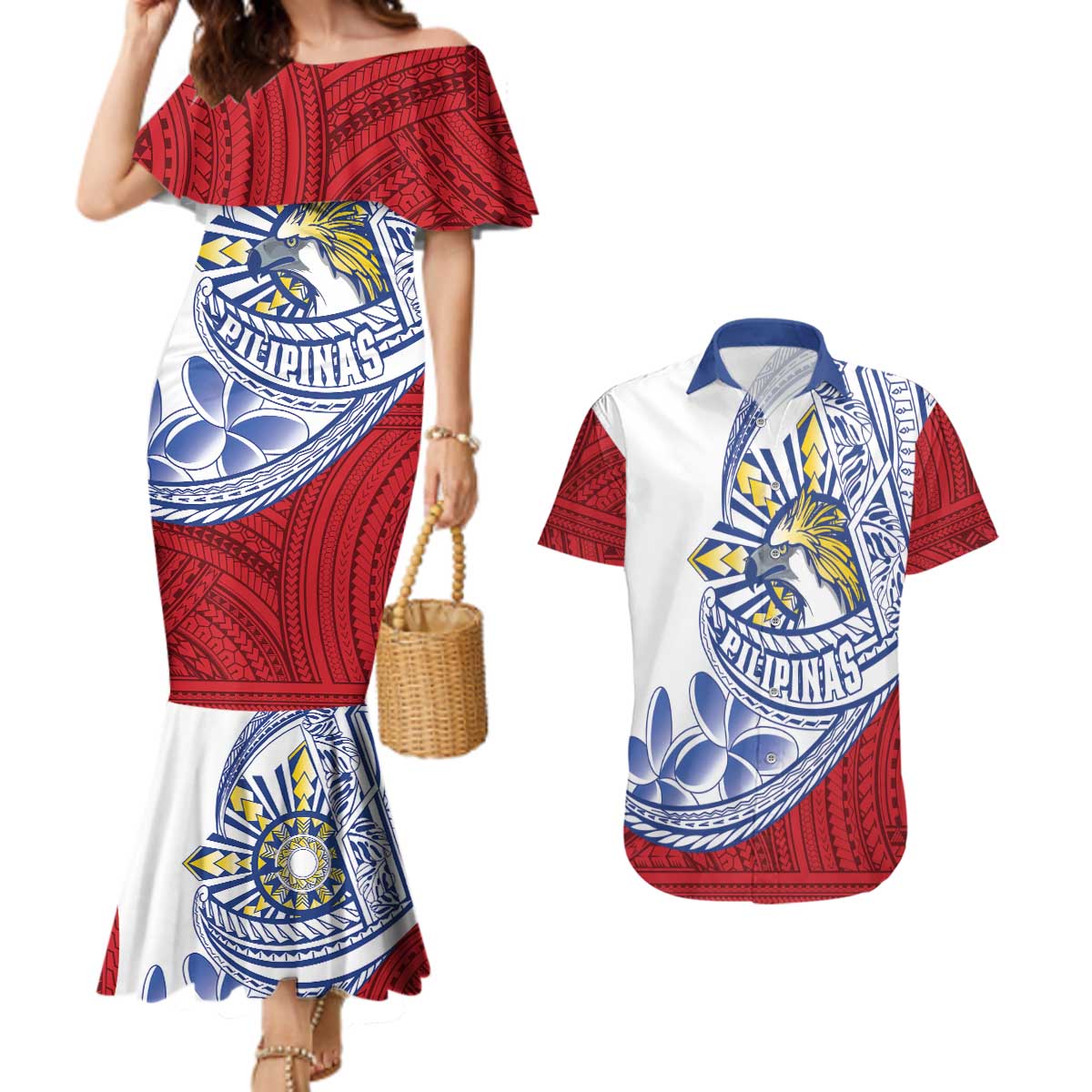 Philippines Eagle Sun Couples Matching Mermaid Dress and Hawaiian Shirt Filipino Agila Polynesian Tattoo Flag Color