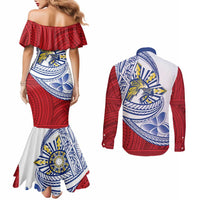 Philippines Eagle Sun Couples Matching Mermaid Dress and Long Sleeve Button Shirt Filipino Agila Polynesian Tattoo Flag Color LT14 - Polynesian Pride