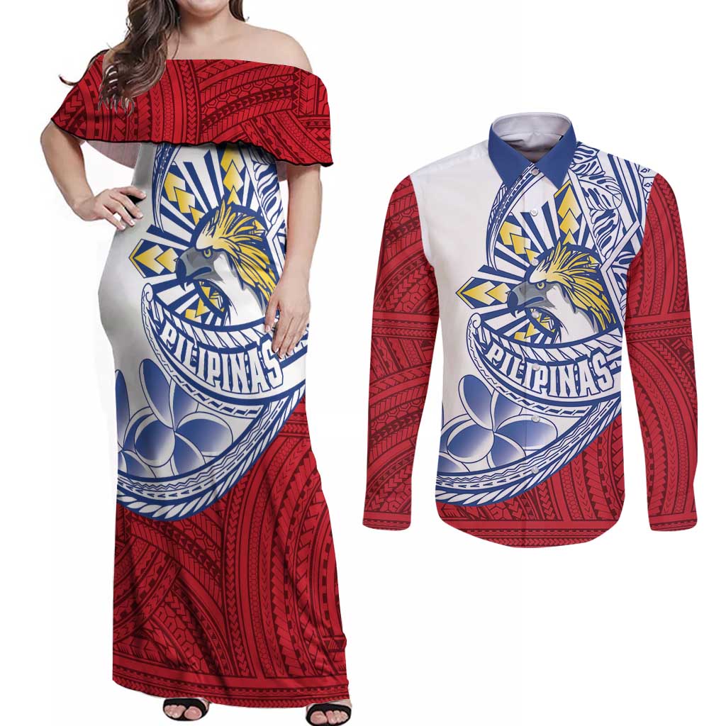 Philippines Eagle Sun Couples Matching Off Shoulder Maxi Dress and Long Sleeve Button Shirt Filipino Agila Polynesian Tattoo Flag Color LT14 Red - Polynesian Pride