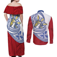 Philippines Eagle Sun Couples Matching Off Shoulder Maxi Dress and Long Sleeve Button Shirt Filipino Agila Polynesian Tattoo Flag Color LT14 - Polynesian Pride