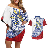 Philippines Eagle Sun Couples Matching Off Shoulder Short Dress and Hawaiian Shirt Filipino Agila Polynesian Tattoo Flag Color LT14 Red - Polynesian Pride