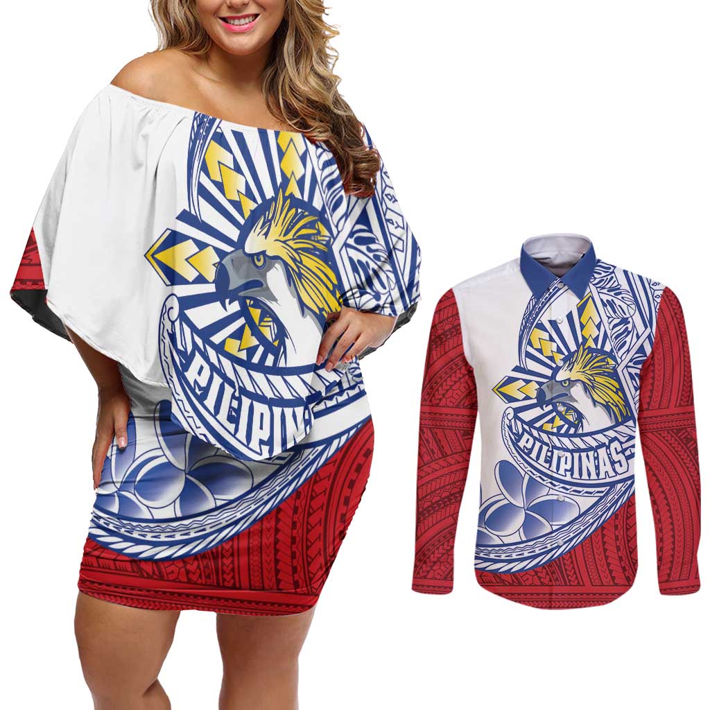 Philippines Eagle Sun Couples Matching Off Shoulder Short Dress and Long Sleeve Button Shirt Filipino Agila Polynesian Tattoo Flag Color LT14 Red - Polynesian Pride