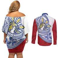 Philippines Eagle Sun Couples Matching Off Shoulder Short Dress and Long Sleeve Button Shirt Filipino Agila Polynesian Tattoo Flag Color LT14 - Polynesian Pride