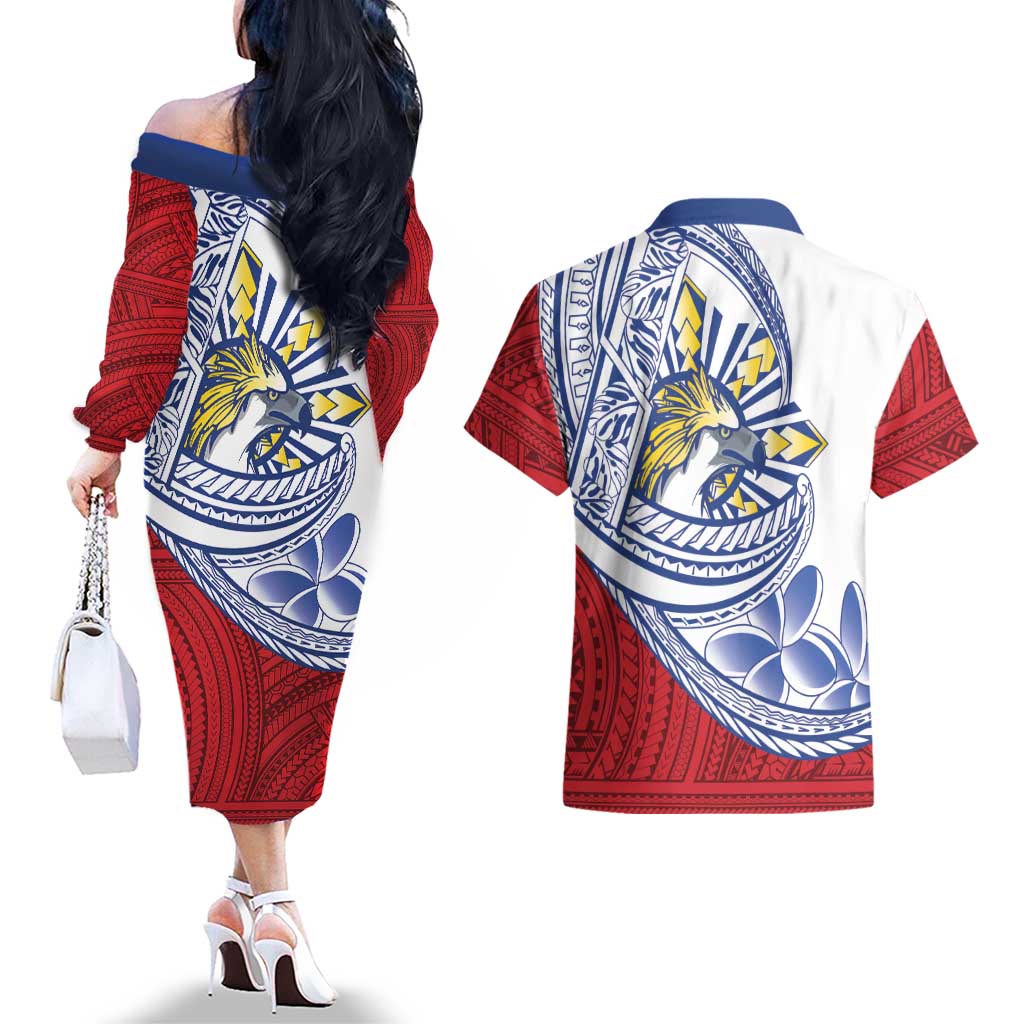 Philippines Eagle Sun Couples Matching Off The Shoulder Long Sleeve Dress and Hawaiian Shirt Filipino Agila Polynesian Tattoo Flag Color LT14 - Polynesian Pride