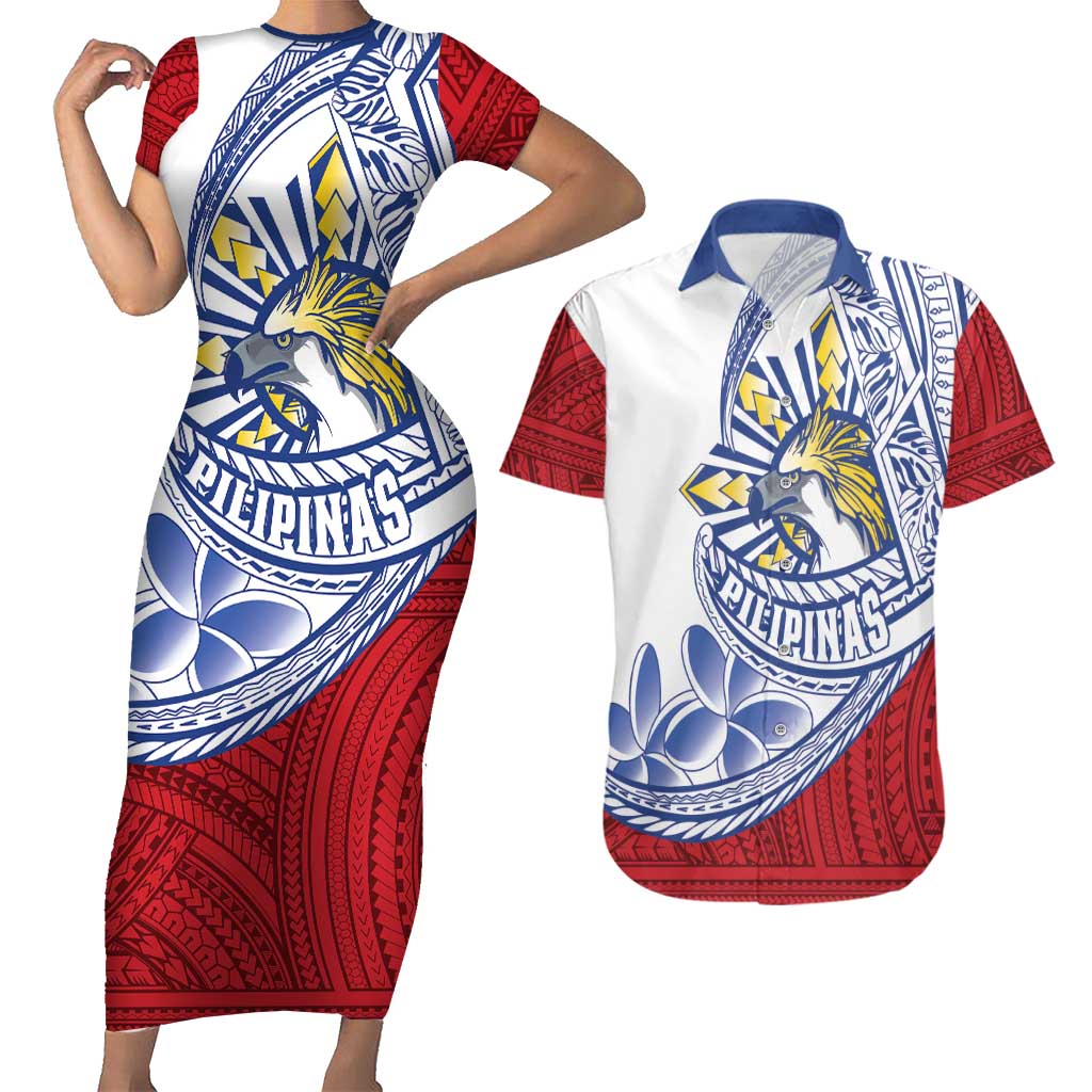 Philippines Eagle Sun Couples Matching Short Sleeve Bodycon Dress and Hawaiian Shirt Filipino Agila Polynesian Tattoo Flag Color LT14 Red - Polynesian Pride