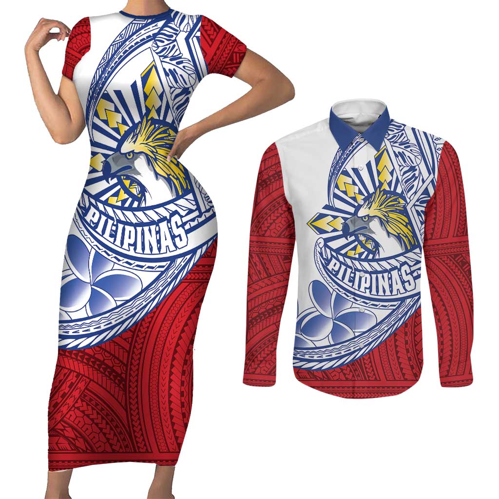 Philippines Eagle Sun Couples Matching Short Sleeve Bodycon Dress and Long Sleeve Button Shirt Filipino Agila Polynesian Tattoo Flag Color LT14 Red - Polynesian Pride