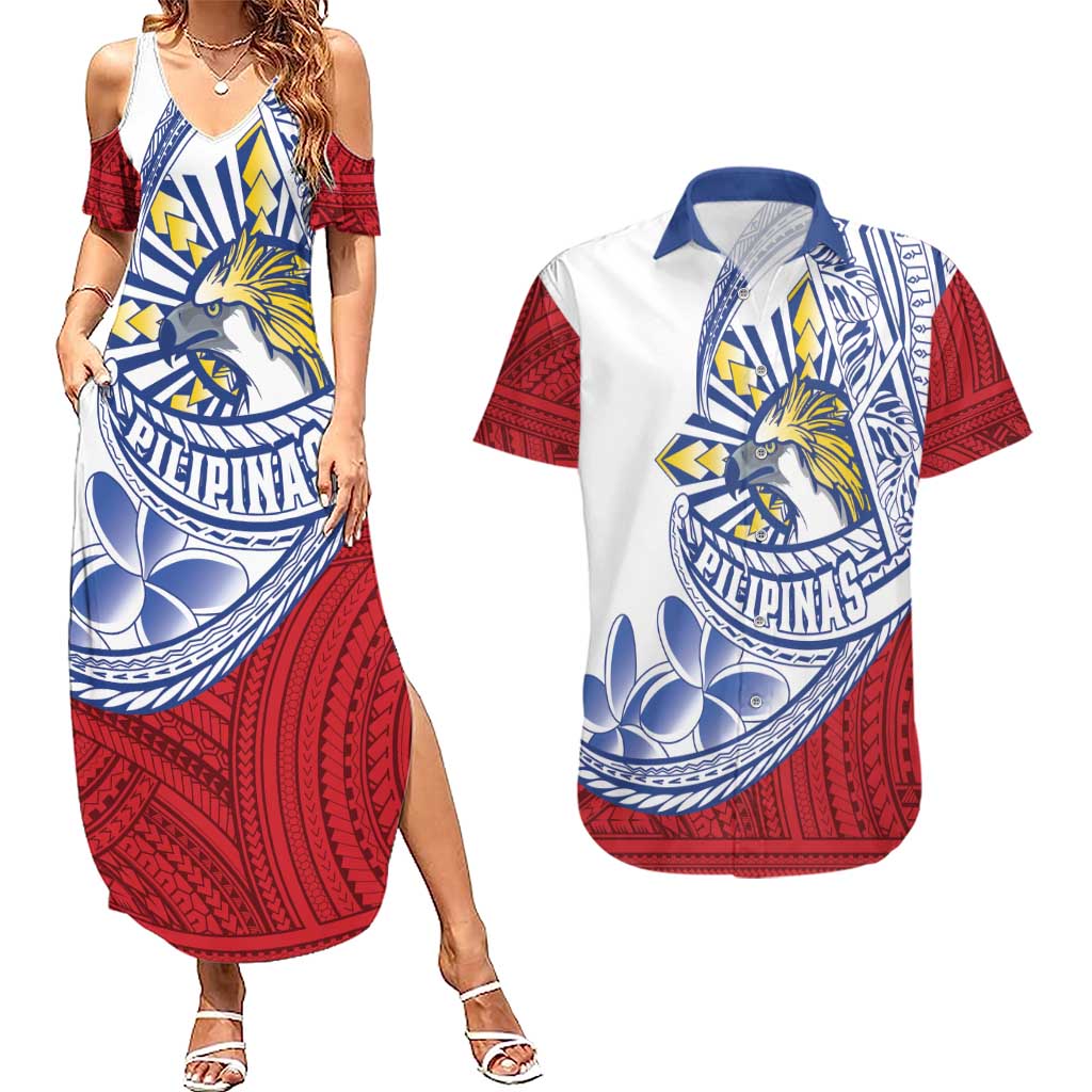 Philippines Eagle Sun Couples Matching Summer Maxi Dress and Hawaiian Shirt Filipino Agila Polynesian Tattoo Flag Color LT14 Red - Polynesian Pride