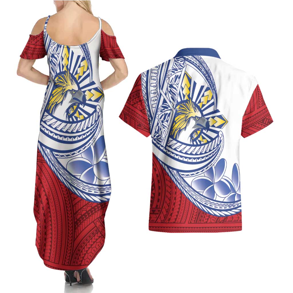 Philippines Eagle Sun Couples Matching Summer Maxi Dress and Hawaiian Shirt Filipino Agila Polynesian Tattoo Flag Color LT14 - Polynesian Pride