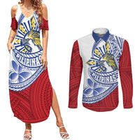 Philippines Eagle Sun Couples Matching Summer Maxi Dress and Long Sleeve Button Shirt Filipino Agila Polynesian Tattoo Flag Color LT14 Red - Polynesian Pride