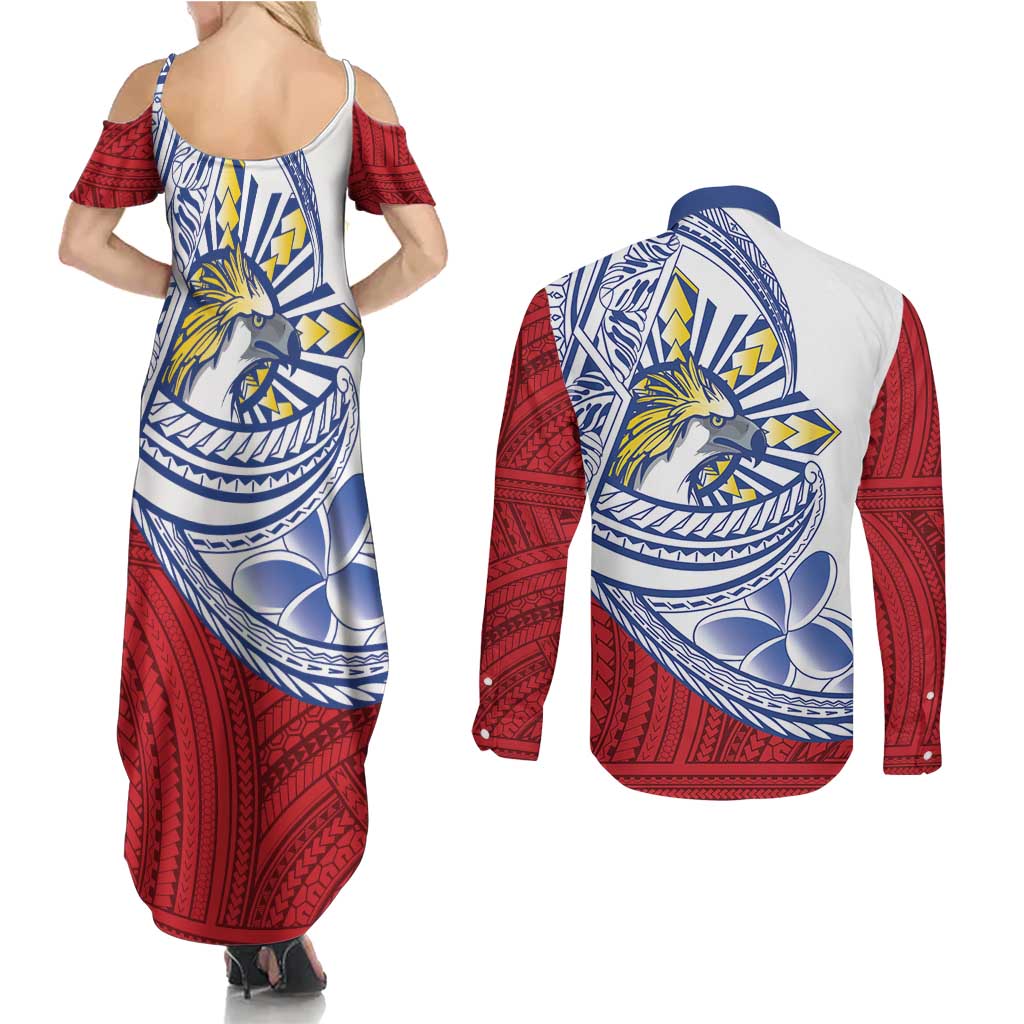 Philippines Eagle Sun Couples Matching Summer Maxi Dress and Long Sleeve Button Shirt Filipino Agila Polynesian Tattoo Flag Color LT14 - Polynesian Pride