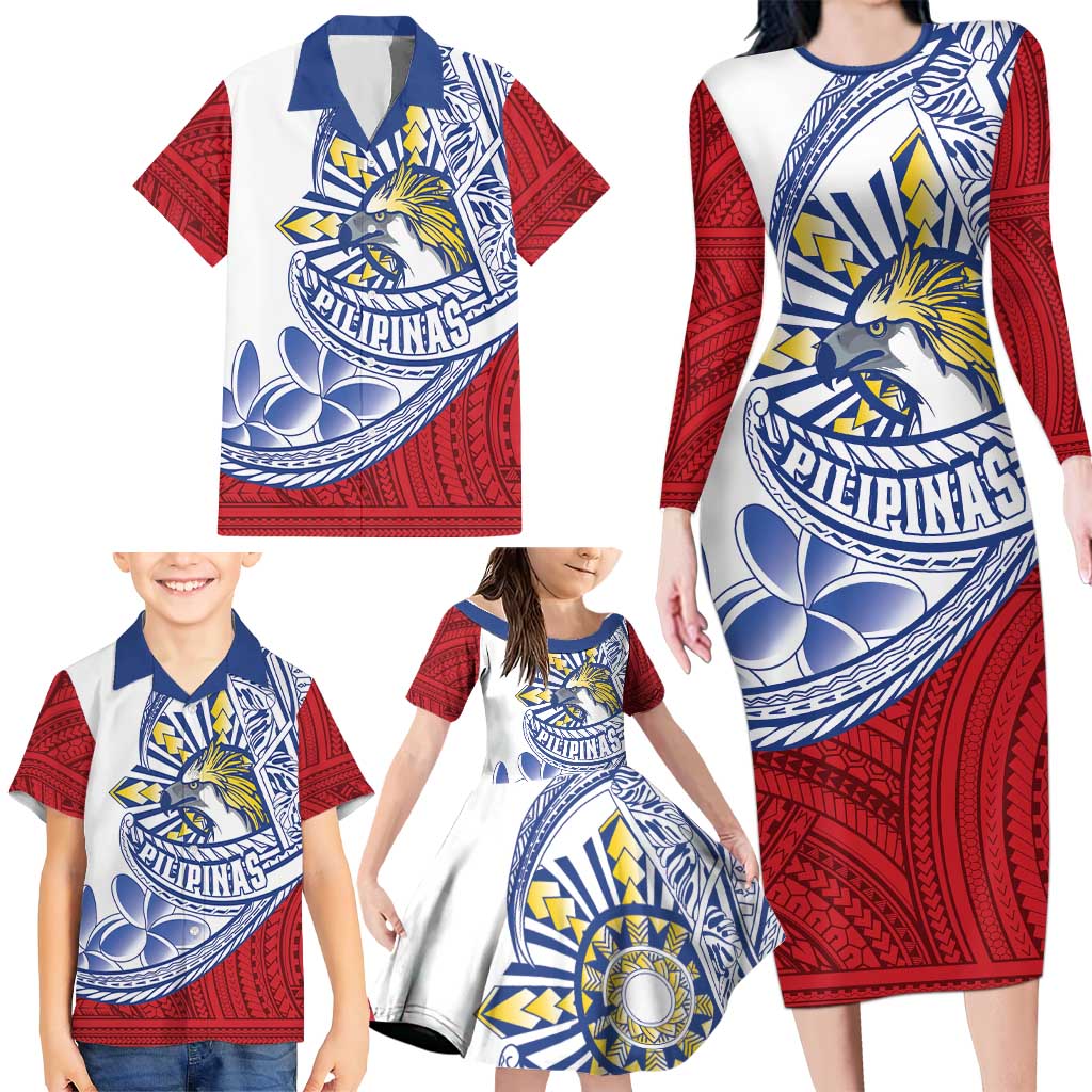 Philippines Eagle Sun Family Matching Long Sleeve Bodycon Dress and Hawaiian Shirt Filipino Agila Polynesian Tattoo Flag Color LT14 - Polynesian Pride