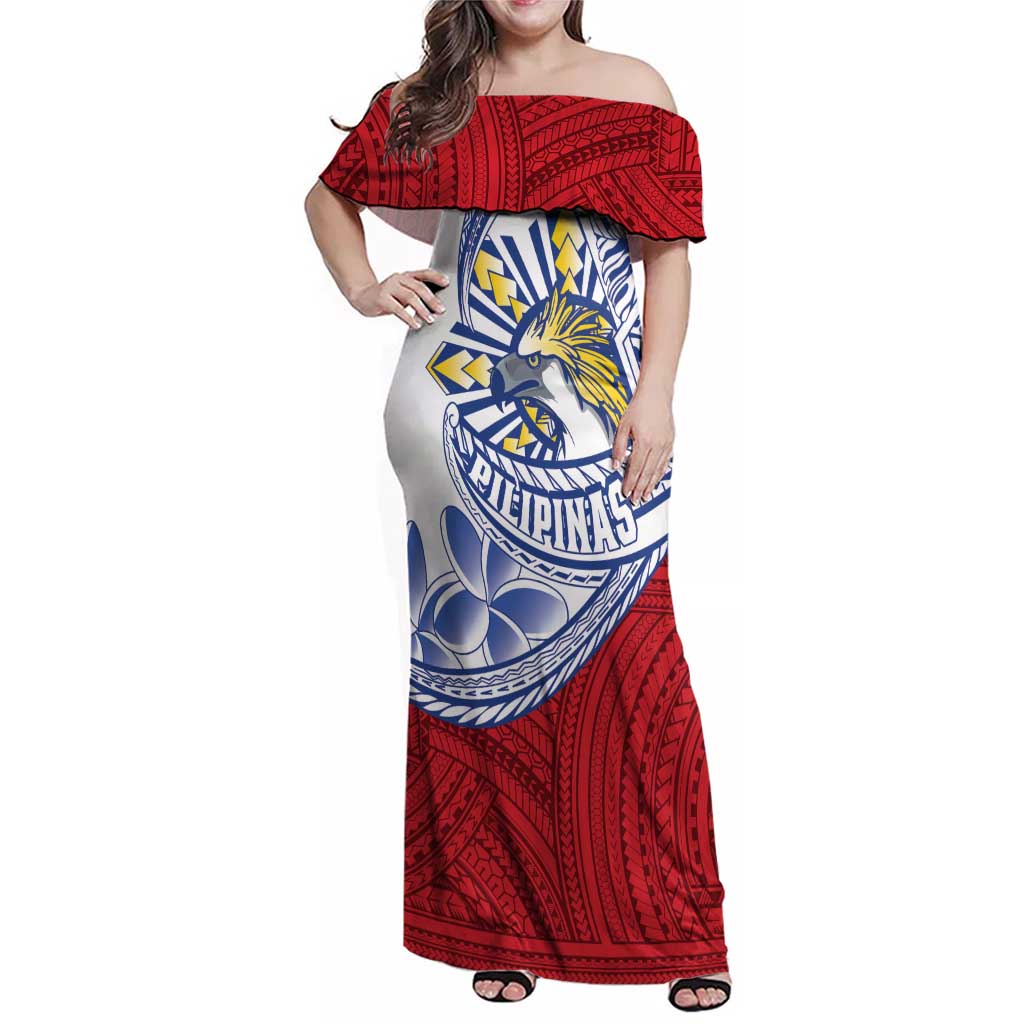 Philippines Eagle Sun Family Matching Off Shoulder Maxi Dress and Hawaiian Shirt Filipino Agila Polynesian Tattoo Flag Color LT14 Mom's Dress Red - Polynesian Pride