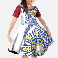 Philippines Eagle Sun Family Matching Short Sleeve Bodycon Dress and Hawaiian Shirt Filipino Agila Polynesian Tattoo Flag Color LT14 Daughter's Dress Red - Polynesian Pride