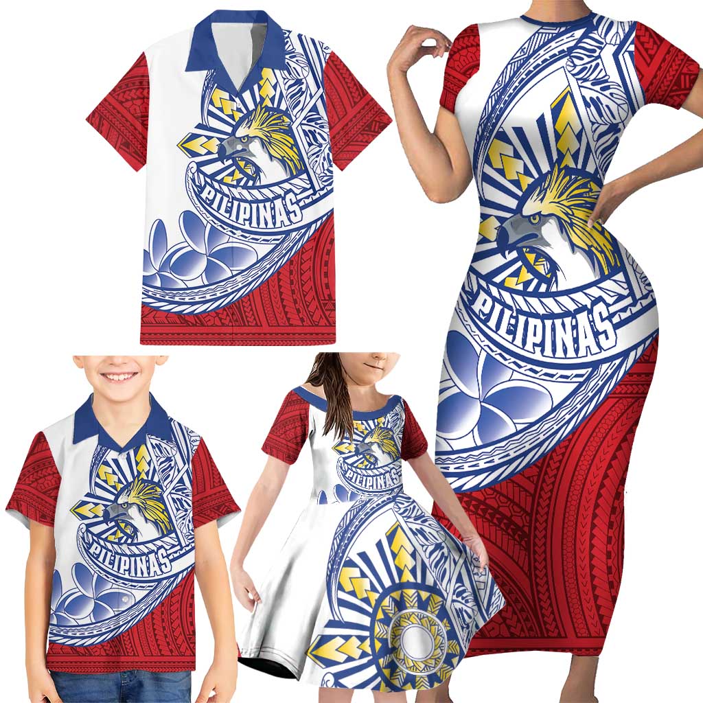 Philippines Eagle Sun Family Matching Short Sleeve Bodycon Dress and Hawaiian Shirt Filipino Agila Polynesian Tattoo Flag Color LT14 - Polynesian Pride