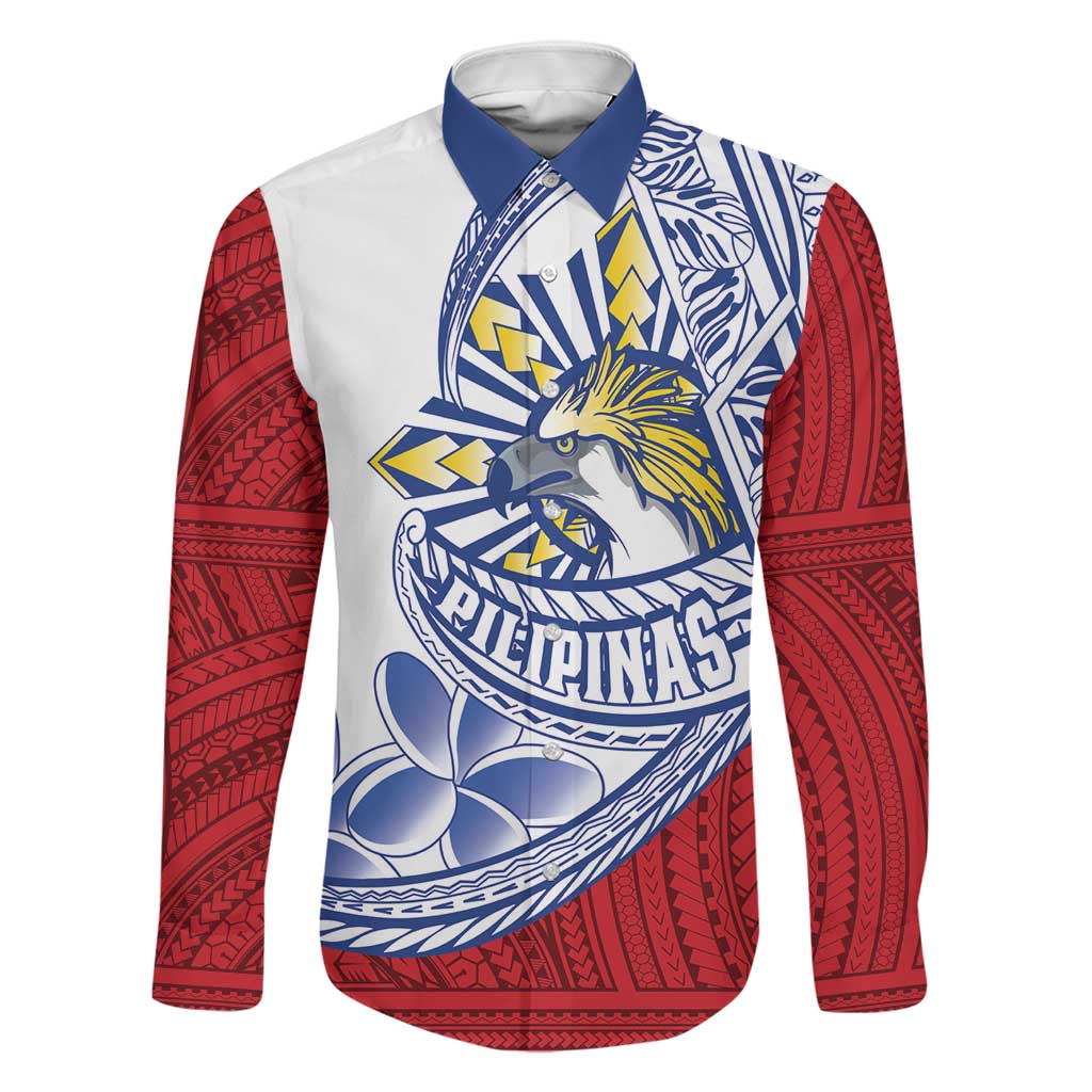 Philippines Eagle Sun Family Matching Summer Maxi Dress and Hawaiian Shirt Filipino Agila Polynesian Tattoo Flag Color LT14 Dad's Shirt - Long Sleeve Red - Polynesian Pride