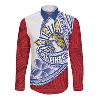 Philippines Eagle Sun Long Sleeve Button Shirt Filipino Agila Polynesian Tattoo Flag Color