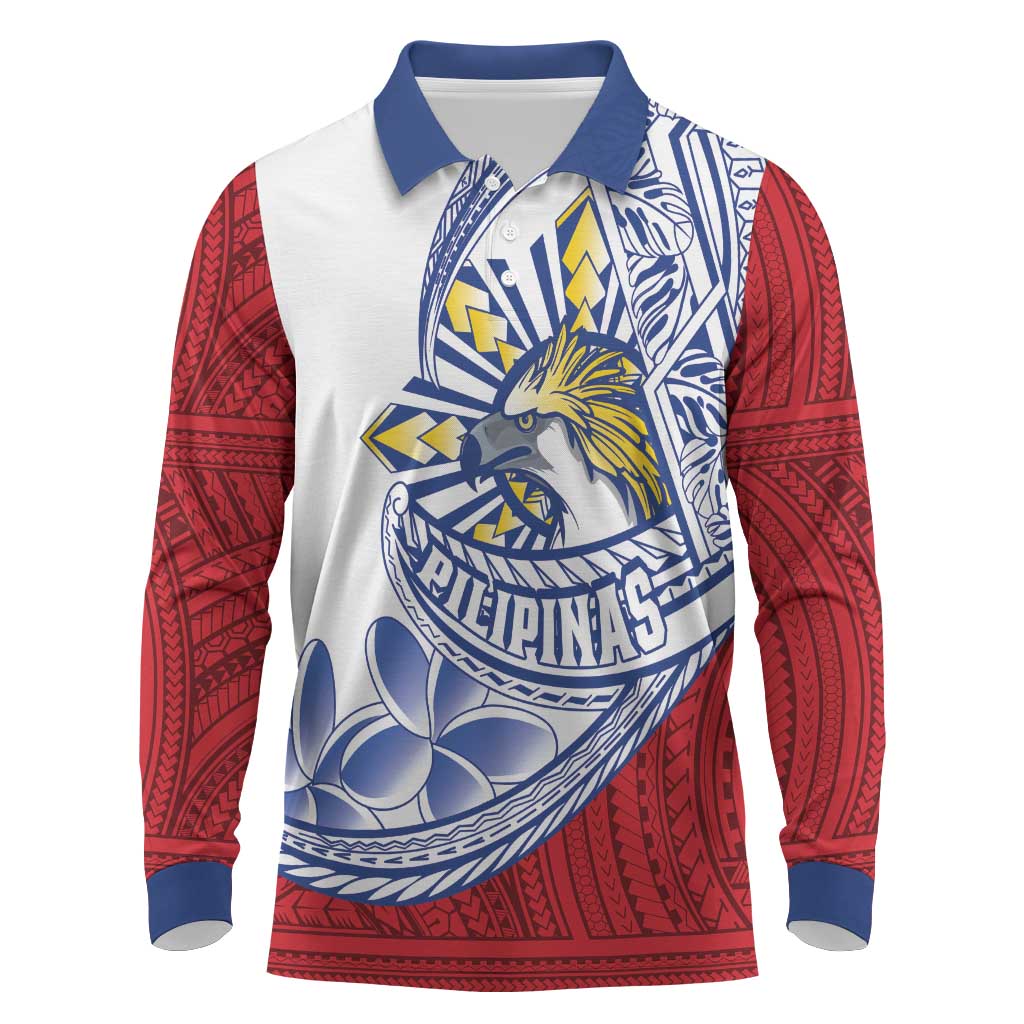 Philippines Eagle Sun Long Sleeve Polo Shirt Filipino Agila Polynesian Tattoo Flag Color