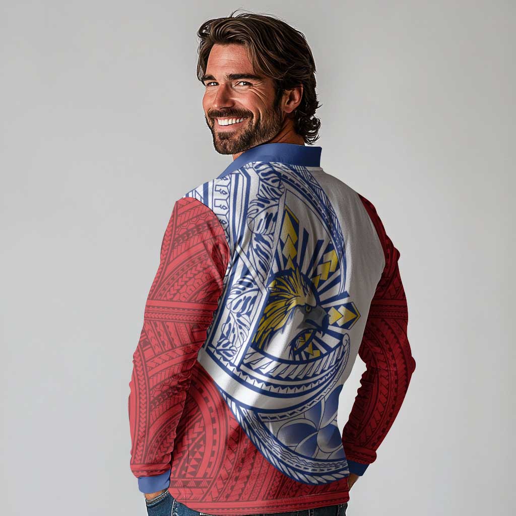 Philippines Eagle Sun Long Sleeve Polo Shirt Filipino Agila Polynesian Tattoo Flag Color
