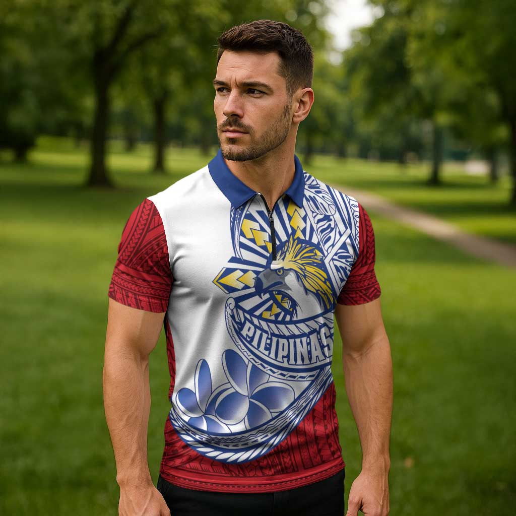 Philippines Eagle Sun Zipper Polo Shirt Filipino Agila Polynesian Tattoo Flag Color