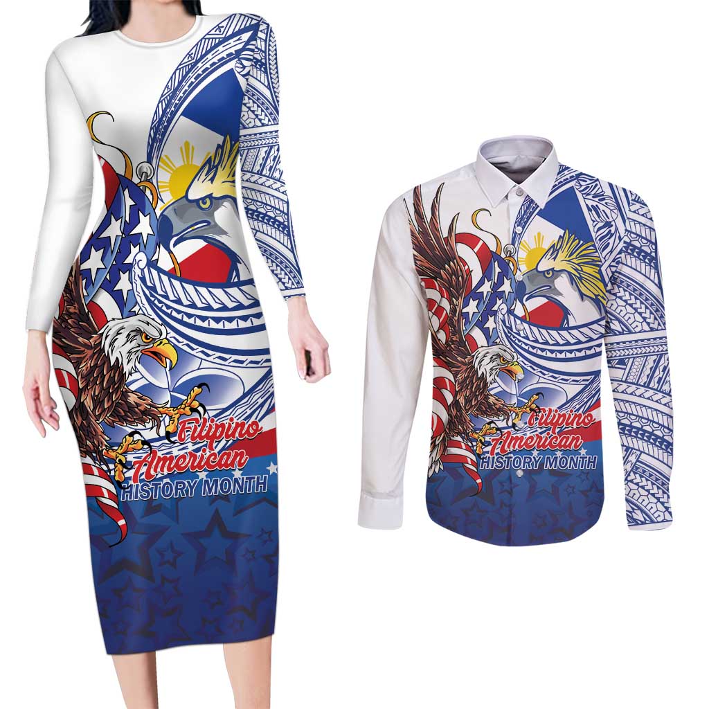 Filipino American History Month Couples Matching Long Sleeve Bodycon Dress and Long Sleeve Button Shirt Philippines Agila USA Eagle Mix Flag LT14 Blue - Polynesian Pride