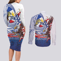 Filipino American History Month Couples Matching Long Sleeve Bodycon Dress and Long Sleeve Button Shirt Philippines Agila USA Eagle Mix Flag LT14 - Polynesian Pride