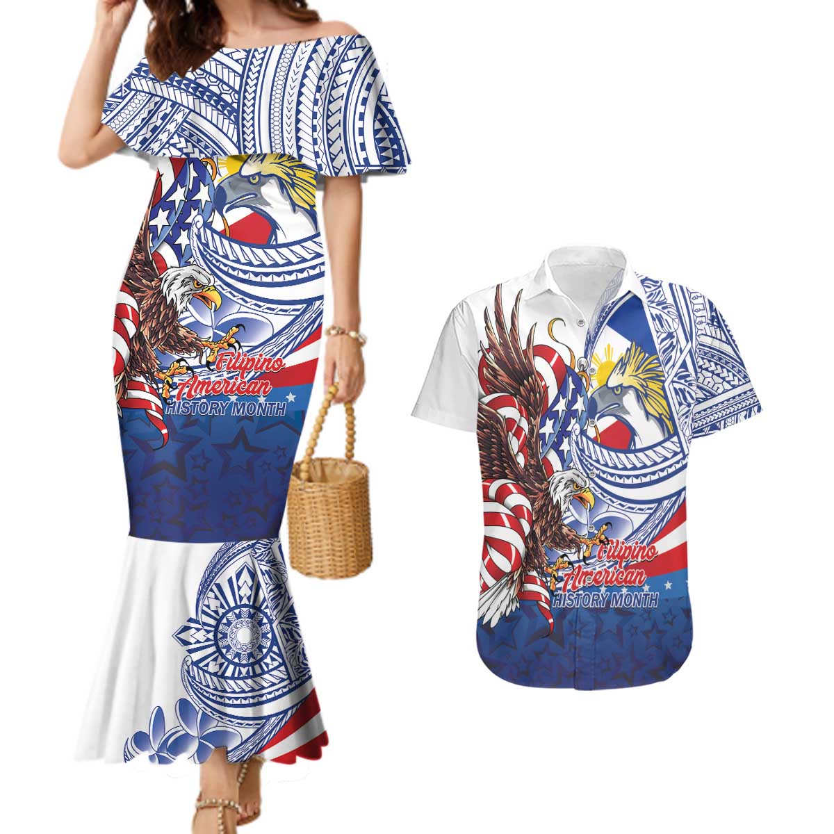 Filipino American History Month Couples Matching Mermaid Dress and Hawaiian Shirt Philippines Agila USA Eagle Mix Flag LT14 Blue - Polynesian Pride