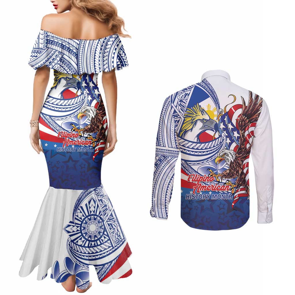 Filipino American History Month Couples Matching Mermaid Dress and Long Sleeve Button Shirt Philippines Agila USA Eagle Mix Flag LT14 - Polynesian Pride