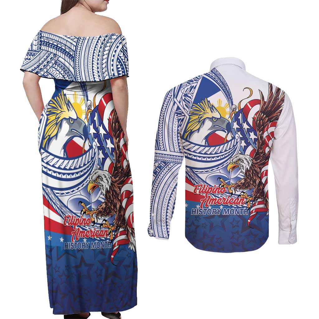 Filipino American History Month Couples Matching Off Shoulder Maxi Dress and Long Sleeve Button Shirt Philippines Agila USA Eagle Mix Flag LT14 - Polynesian Pride