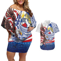 Filipino American History Month Couples Matching Off Shoulder Short Dress and Hawaiian Shirt Philippines Agila USA Eagle Mix Flag LT14 Blue - Polynesian Pride